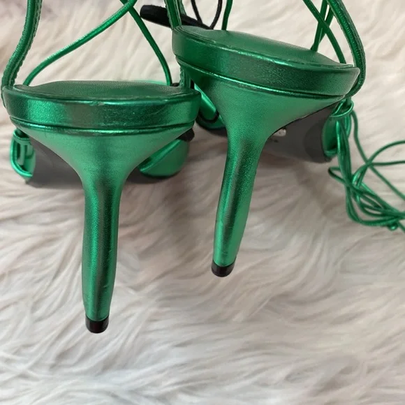 NWOT Zara Metallic Green Lace-up Leather Sandals, Size 7.5 - Picture 11 of 17